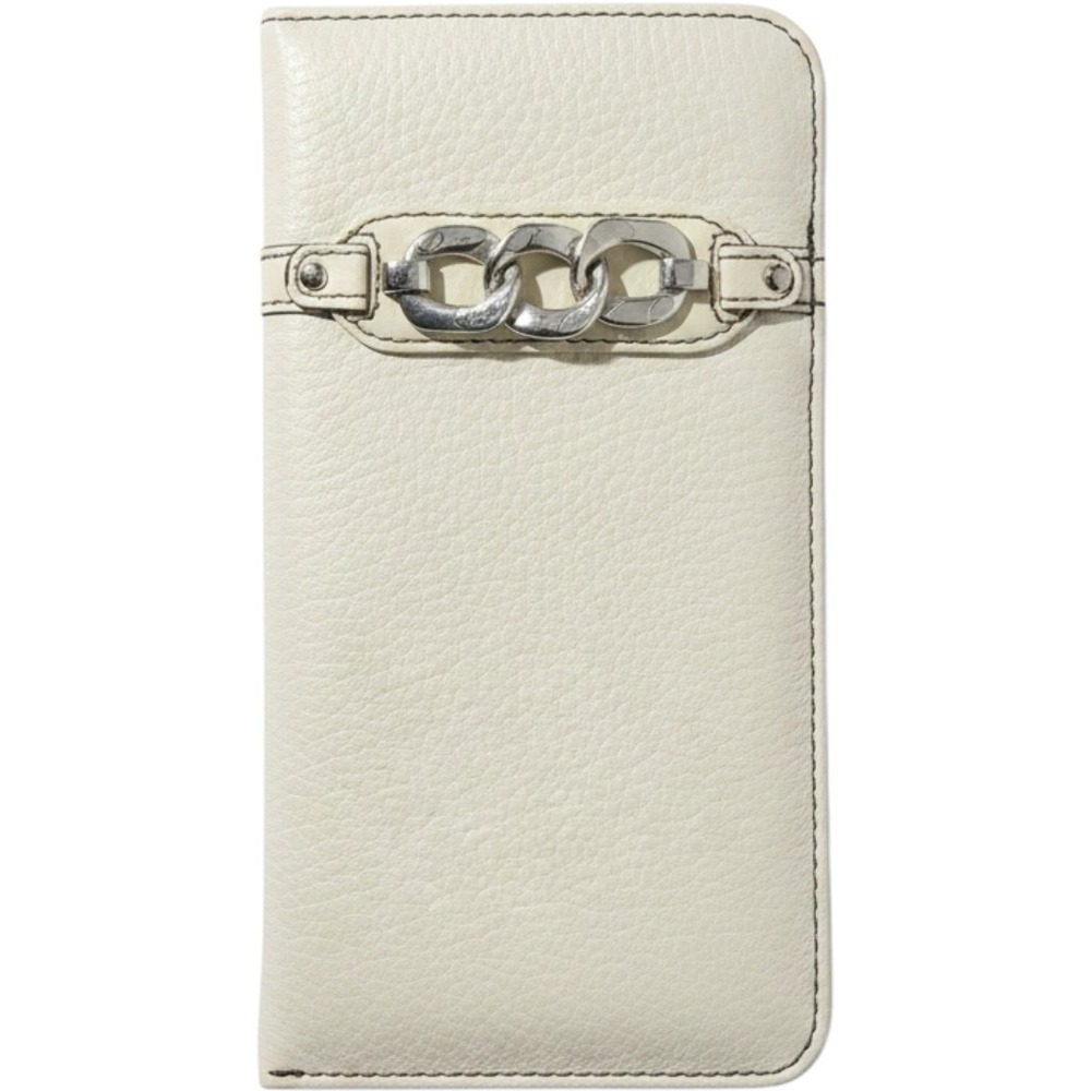 Brighton Cream Pebbled Leather Eyeglass Case Silver Scroll Chain Link Ornament